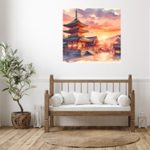 Waterverf Traditional Japanese Temple in Sunset Poster