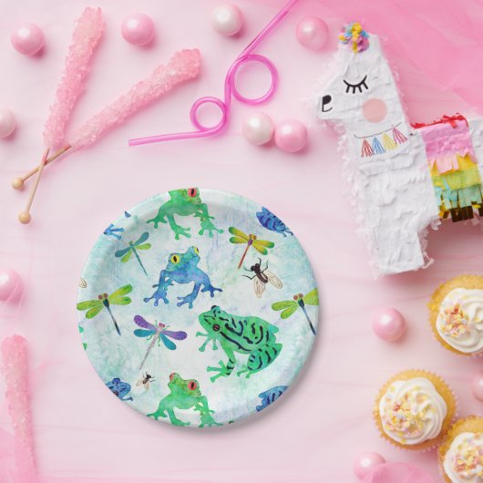 Waterverf Tree Frogs Dragonfly Natuur Papieren Bordje (Feest)