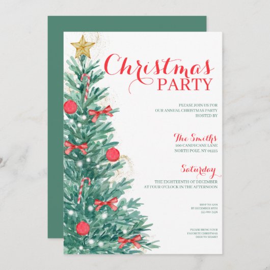Waterverf Tree Kerstfeest Elegante Uitnodiging (Voorkant / Achterkant)