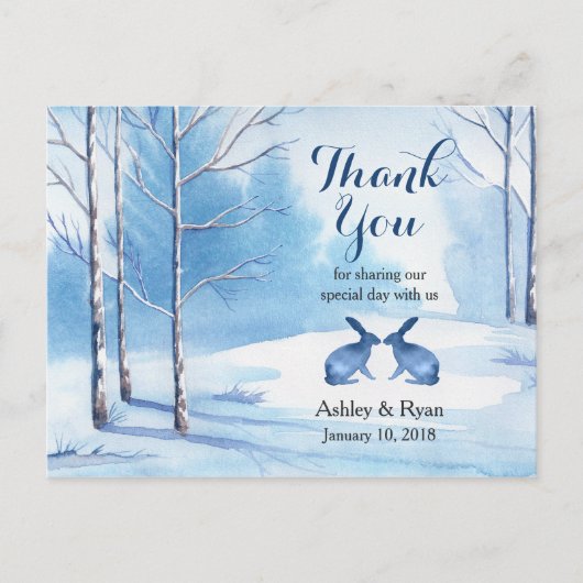 Waterverf Trees Rabbits Winter Wedding Bedankt Briefkaart (Voorkant)