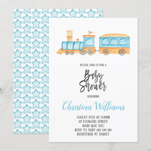 Waterverf Trein Speelgoed Jongen Baby shower Blauw Kaart