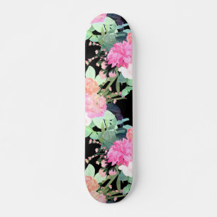 Waterverf Trendy Pink & Black Flowers Skateboard