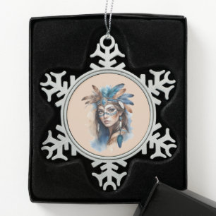 Waterverf Tribal Beauty: Spirit of Bohemian Art Tin Sneeuwvlok Ornament