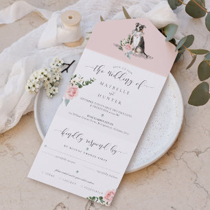 Waterverf Tricolor Pitbull Dog & Floral Pink Rose All In One Uitnodiging