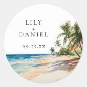 Waterverf Tropical Beach Bestemming Bruiloft Ronde Sticker (Voorkant)