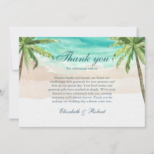 Waterverf Tropical Beach en Palm Trees Bruiloft Bedankkaart (Achterkant)