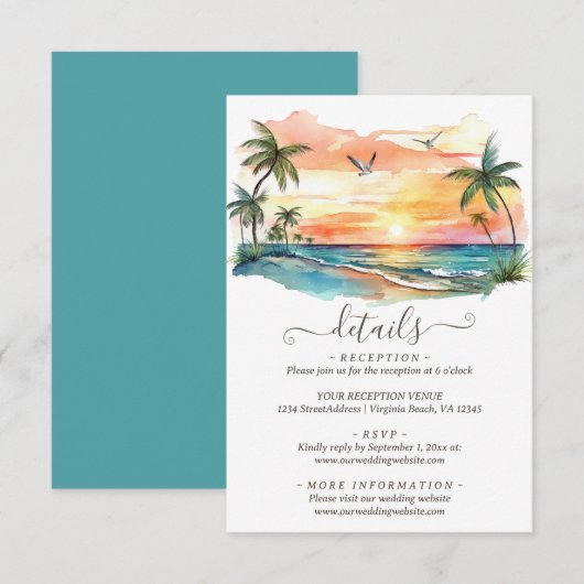 Waterverf Tropical Beach Sunset Bruiloft Details Informatiekaartje (Voorkant / Achterkant)
