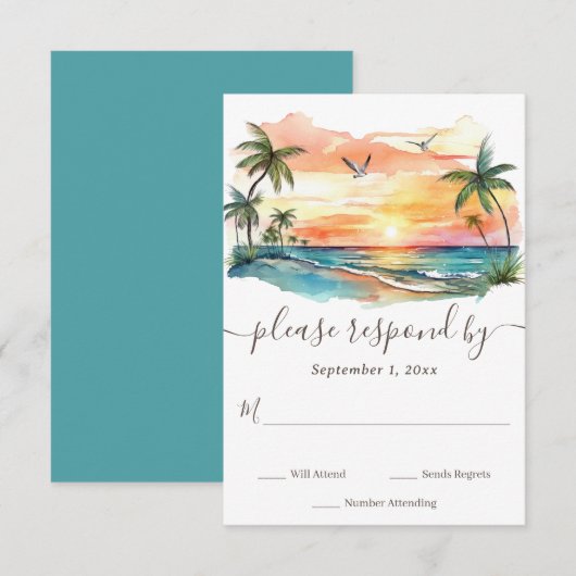 Waterverf Tropical Beach Sunset Bruiloft RSVP Kaartje (Voorkant / Achterkant)