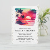 Waterverf Tropical Island Zonsondergang Bruiloft Kaart (Staand voorkant)