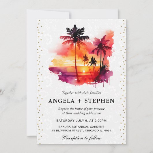 Waterverf Tropical Island Zonsondergang Bruiloft Kaart (Voorkant)