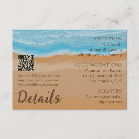 Waterverf Tropical Ocean Beach QR Code Bruiloft Informatiekaartje (Voorkant)
