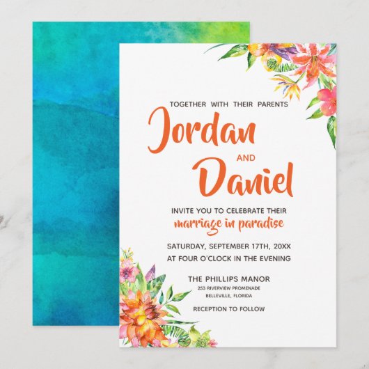 Waterverf Tropics Floral Chic Destination Wedding Kaart (Voorkant / Achterkant)