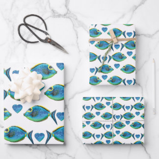 Waterverf Tropisch Blauw Vis en Harten Inpakpapier Vel