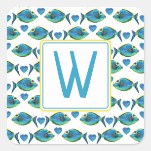 Waterverf Tropisch Blauw Vis en Harten Monogram Vierkante Sticker
