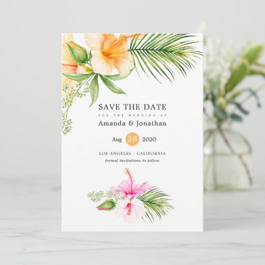 Waterverf Tropisch Bloemstrand Bruiloft Save The Date (Staand voorkant)