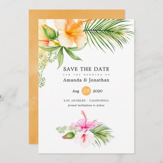 Waterverf Tropisch Bloemstrand Bruiloft Save The Date (Voorkant / Achterkant)