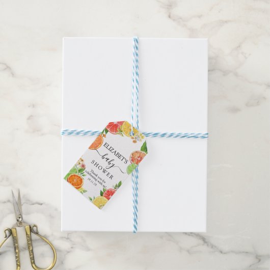 Waterverf Tropisch Citrus Baby shower Cadeaulabel (Met Touw)