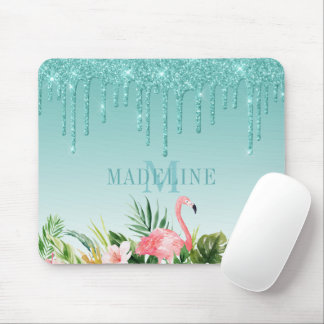 Waterverf Tropisch Floral Blauwgroen Glitter Monog Muismat