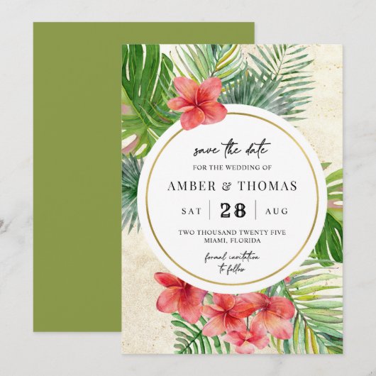 Waterverf Tropisch gebladerte save the date card (Voorkant / Achterkant)