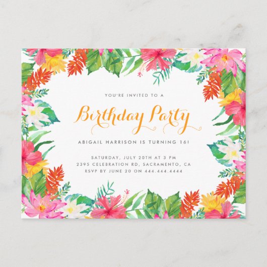 Waterverf Tropisch gebladerte Zomerverjaardagsfees Uitnodiging Briefkaart (Voorkant)