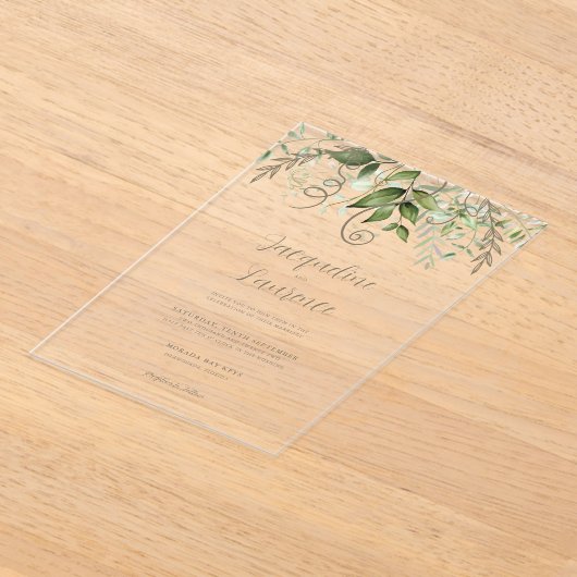 Waterverf Tropisch groen bruiloft Acryl Uitnodigingen (Laagn)