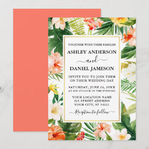 Waterverf Tropisch koraal Floral Gold Wedding Kaart