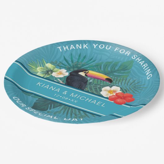 Waterverf Tropisch met Toucan Hartelijk dank Blauw Papieren Bordje (Gekanteld)