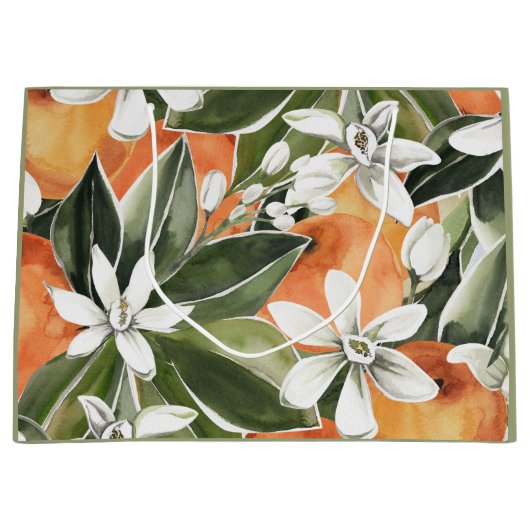 Waterverf Tropisch Oranje en bloemen Groot Cadeauzakje (Voorkant)