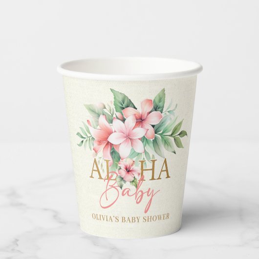 Waterverf Tropisch Roze Bloemen Aloha Baby shower Papieren Bekers (Achterkant)