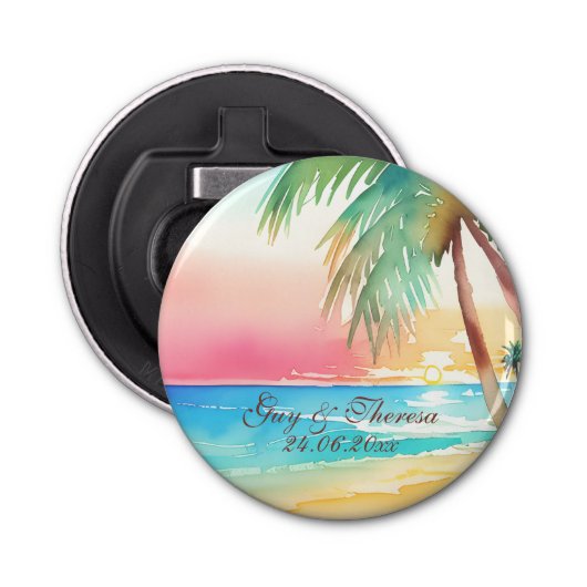 Waterverf Tropisch strand bruiloft Button Flesopener (Voorkant)