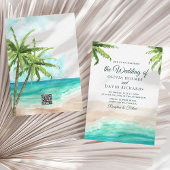 Waterverf Tropisch strand met QR Code Wedding Kaart