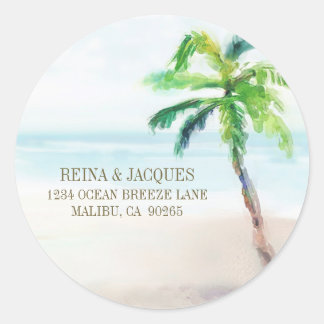 Waterverf Tropisch strand palm retouradres Ronde Sticker