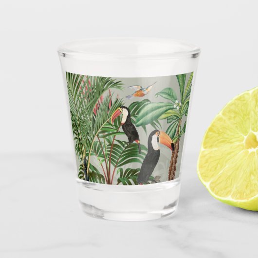 Waterverf Tropisch Woud & Kleurrijke Vogels Shot Glas (Voorkant)