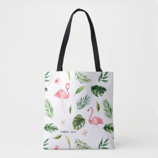 Waterverf Tropische Bladeren en Flamingo Tote Bag (Voorkant)