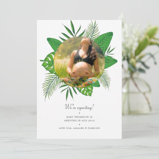 Waterverf Tropische bladeren Foto's Zwangerschap Aankondiging (Staand voorkant)