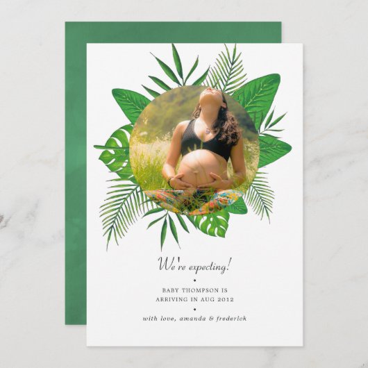Waterverf Tropische bladeren Foto's Zwangerschap Aankondiging (Voorkant / Achterkant)