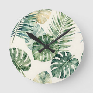 Waterverf Tropische Bladeren Monstera Palm Patroon Ronde Klok