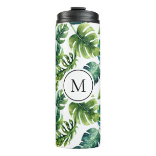 Waterverf Tropische Bladeren Patroon Monogram Thermosbeker
