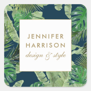 Waterverf Tropische bladeren Patroon op donkerblau Vierkante Sticker