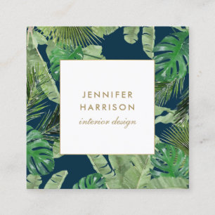 Waterverf Tropische bladeren Patroon op donkerblau Vierkante Visitekaartje