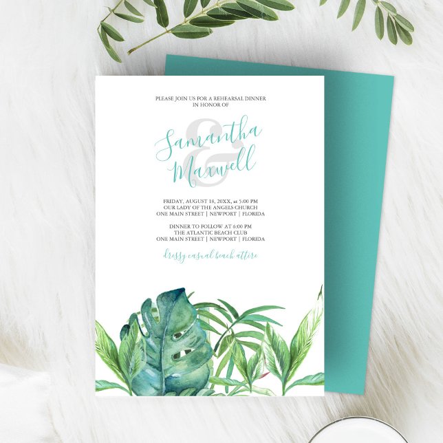 Waterverf Tropische bladeren repetitie (tropical beach wedding invitations features watercolor palm leaves in shades of green. )