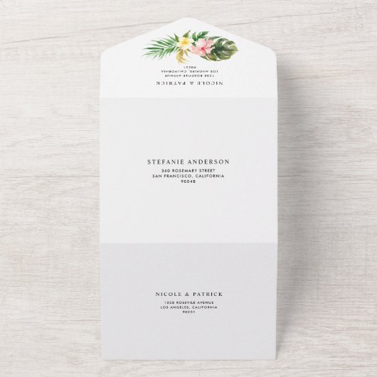 Waterverf Tropische bloemen en Grieks huwelijk All In One Uitnodiging (Buitenkant)