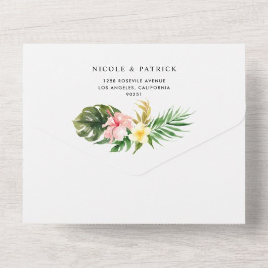 Waterverf Tropische bloemen en Grieks huwelijk All In One Uitnodiging (Achterkant)