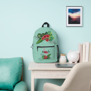 Waterverf Tropische Bloemen Flamingo gepersonalise Bedrukte Rugzak
