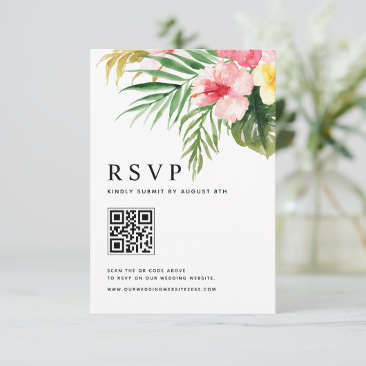 Waterverf Tropische bloemen QR Code Weddenschap RSVP Kaartje (Staand voorkant)