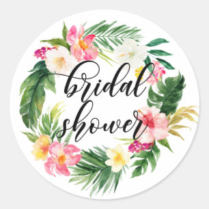 Waterverf Tropische Bloemenkrans Bruidsdouche Ronde Sticker