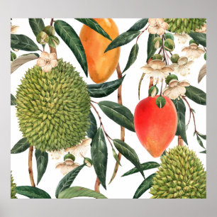 Waterverf tropische durian, mangopatroon. poster