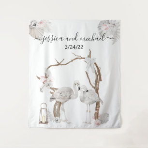 Waterverf Tropische Flamingo Boho Witte Bloemen Wandkleed