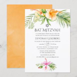 Waterverf Tropische Floral Bat Mitzvah Kaart