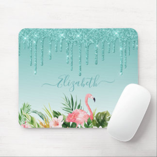Waterverf Tropische Floral Blauwgroen Glitter Muismat